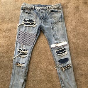 MNML Light Distressed & Patched Skinny Jeans